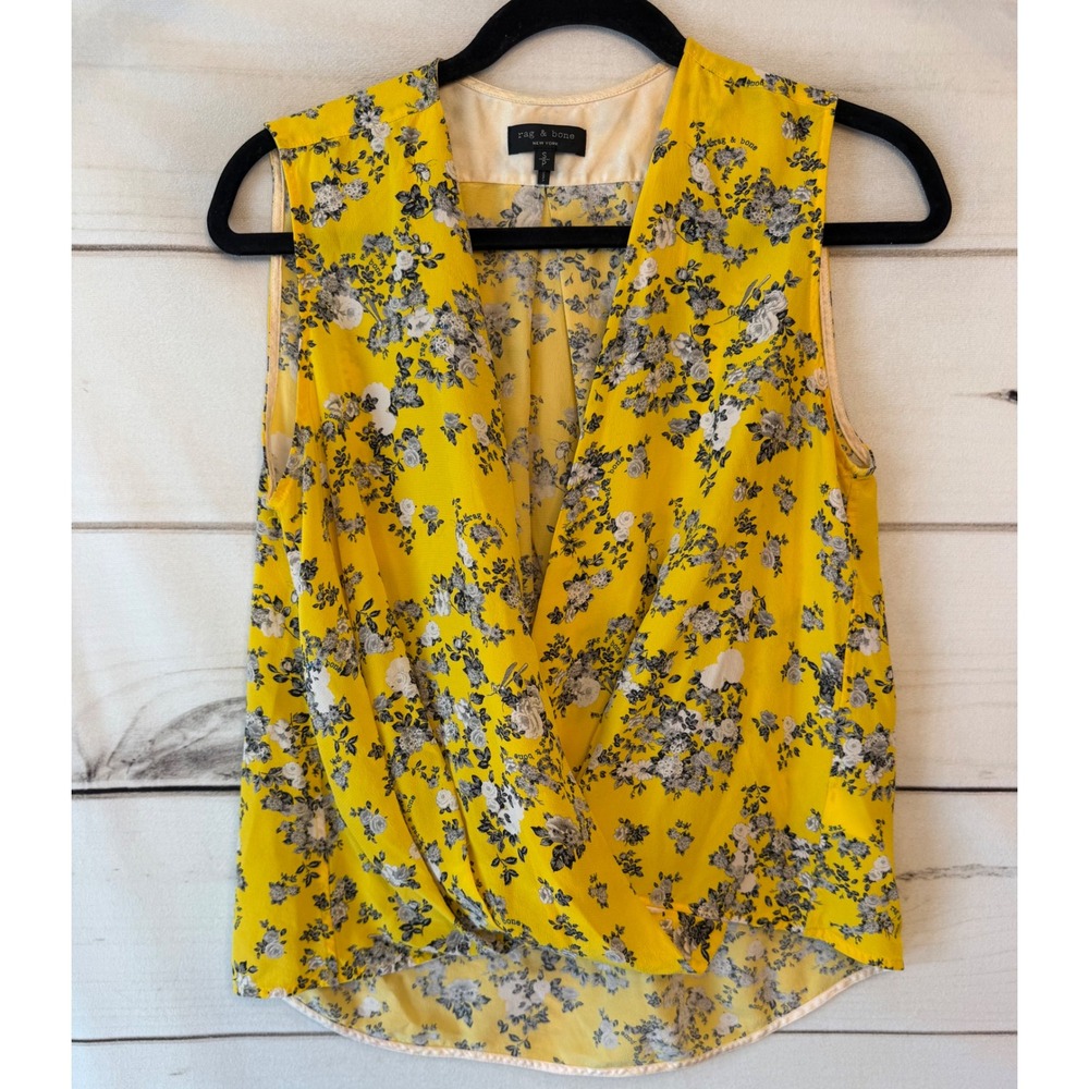 Rag & Bone Yellow Floral 100% Silk Surplice Wrap Sleeveless Blouse Top Small